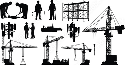 Black silhouette illustration of construction workers, cranes, scaffolding, bulldozer, and equipment, symbolizing building, industry, infrastructure, teamwork, engineering, and creative artwork pr
