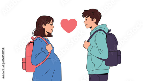 Pregnant young girl and a teenage boy with backpacks looking at each other with a pink heart icon representing young love.