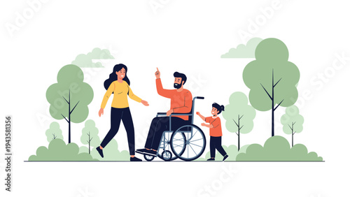 Happy father in a wheelchair spending time outdoors in a green park with his wife and young daughter pointing at the sky.