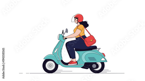 Young woman wearing a safety helmet riding a classic turquoise scooter moped on a white background representing transport.