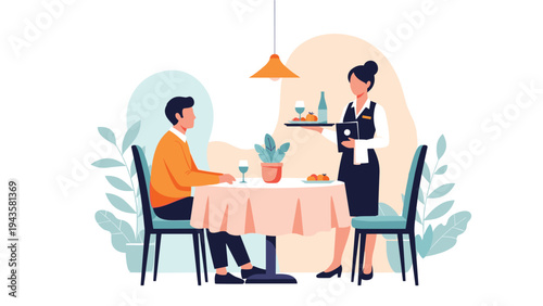 Professional waitress serving a male customer at a restaurant table with wine and delicious food in a stylish dining setting.