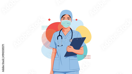 Professional female nurse or doctor in blue medical scrubs and a face mask holding a clipboard against a colorful background.