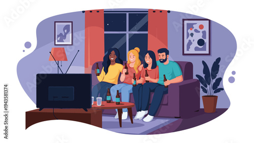 Group of happy young friends sitting together on a sofa watching television and drinking bottles of beer during a night in.