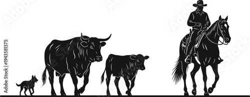 Black silhouette illustration of cowboy riding horse with dog, cow, and calf in pastoral ranch scene, symbolizing livestock, agriculture, rural life, and artwork projects
