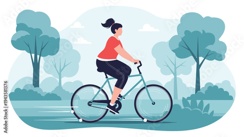 Fit woman riding a blue bicycle quickly through a green park with lush trees and a serene natural landscape backdrop.