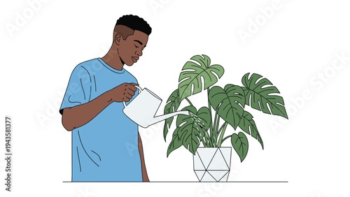 Young Black man carefully watering a large potted Monstera plant with a white watering can as a relaxing indoor hobby.