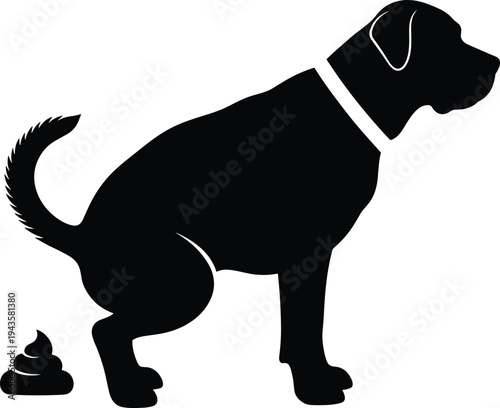 Black silhouette illustration of dog squatting with collar in outdoor scene, symbolizing pet care, cleanliness, signage, responsibility, public awareness, and creative artwork projects
