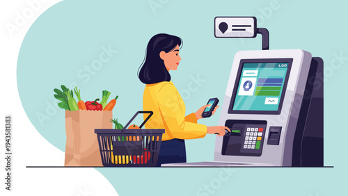 Young woman using an automated self checkout kiosk at a grocery store with fresh vegetables and a shopping basket.