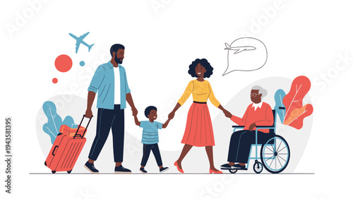 Multi generational family of different ages traveling together with a suitcase and an elderly woman in a wheelchair.