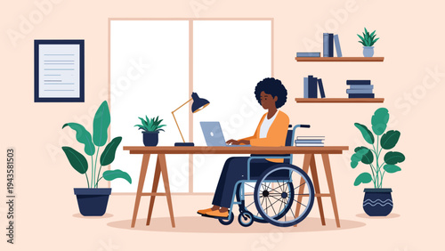 Professional Black woman in a wheelchair working on her laptop at a wooden desk in a modern home office space.