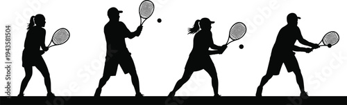 Black silhouette illustration of four tennis players in dynamic action poses with rackets and balls, symbolizing sport, competition, teamwork, athleticism, and creative artwork projects