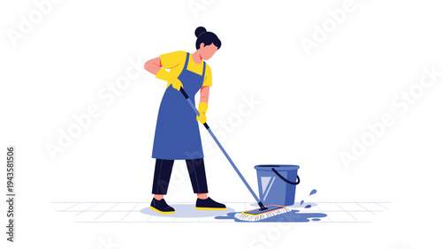 Hardworking woman in an apron and gloves mopping the floor with a bucket of water for house cleaning services.