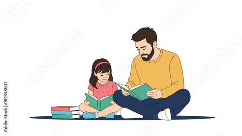 Loving father and young daughter sitting on the floor and reading books together for education and bonding.