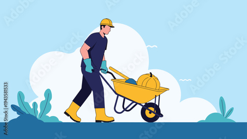 Strong male worker wearing a hard hat and pushing a yellow wheelbarrow with a large pumpkin in a field or garden.