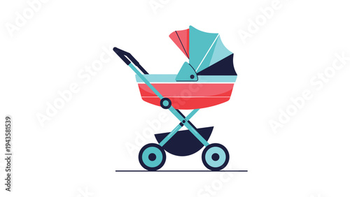 Modern red and blue baby stroller illustration isolated on white background for parenting and nursery concept.