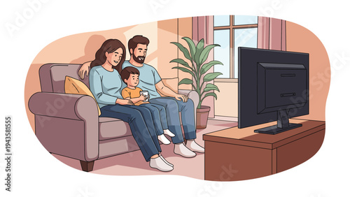 Happy family with a small child sitting on a couch and watching television together in their cozy living room.
