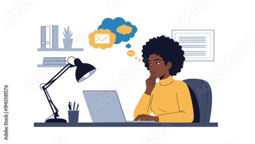 Focused Black woman working on a laptop at her office desk with an email notification icon in a thought bubble.