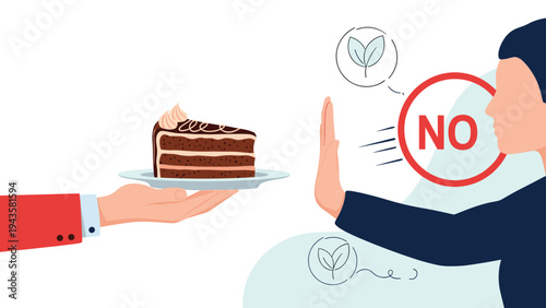 Healthy person using a hand gesture to refuse a slice of chocolate cake in favor of a nutritious vegan diet.