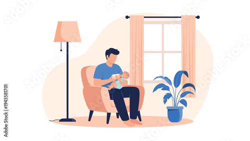 Caring father sitting in an armchair and feeding his baby daughter with a bottle in a cozy living room setting.