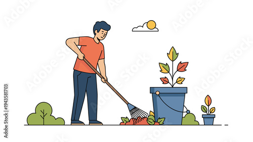 Young man raking colorful autumn leaves into a blue bucket while working in a garden on a sunny day illustration.