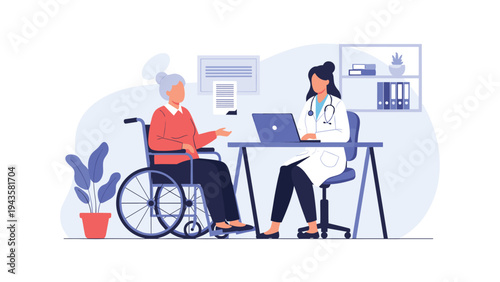 Professional female doctor consulting with an elderly woman sitting in a wheelchair during a medical examination.