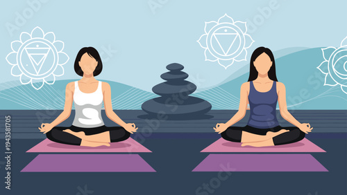 Two young women practicing yoga and meditation in lotus position with chakra symbols and balanced stones in background.