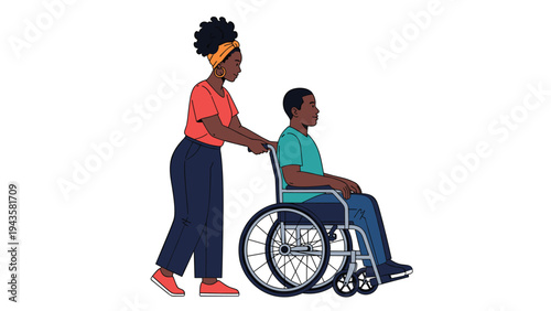 Compassionate woman pushes a man in a wheelchair, providing mobility support and showcasing a dedicated caregiving relationship.
