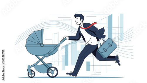 Active father in a business suit runs while pushing a baby stroller, managing the balance between a career and parenthood.