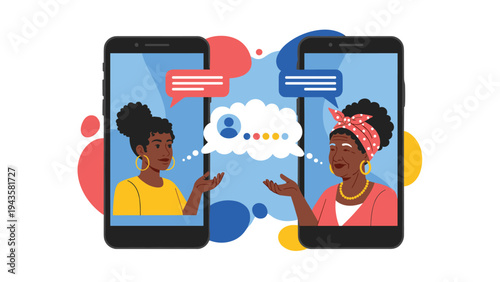 Two women from different generations communicate through large smartphones with cloud bubbles and social profile icons between them.