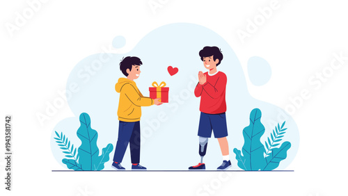 Kind young boy gives a wrapped gift to his friend with a prosthetic leg, celebrating friendship, kindness, and inclusion.