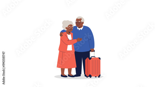 Elderly African American couple stands close together with a red rolling suitcase, ready to embark on a new travel adventure.