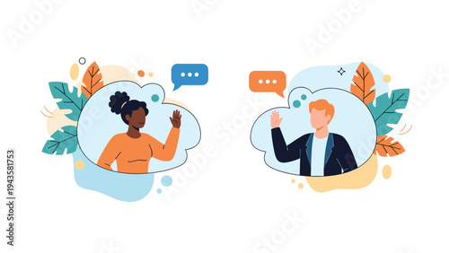 Man and woman engage in a friendly remote video conversation from within circular frames surrounded by colorful leaves and plants.