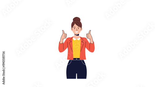Energetic young woman in a red jacket gives two thumbs up with a wide smile, expressing extreme happiness and total approval.