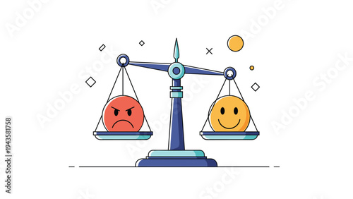 Balance scale holds a red angry face on one side and a yellow happy face on the other, representing emotional health and balance.