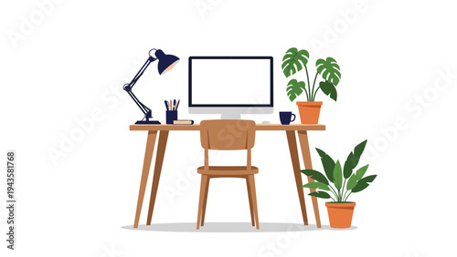 Organized home office workspace features a computer monitor, desk lamp, morning coffee, and green potted plants for a productive day.