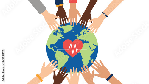 Many diverse hands surround the planet Earth with a heart and heartbeat line in the center, representing global health and unity.