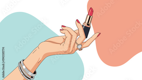 Elegant female hand with jewelry holds a tube of pink lipstick, preparing to apply makeup for a beauty and fashion routine.