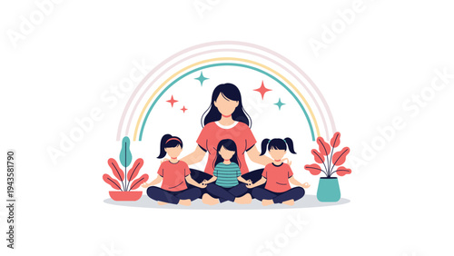 Woman and three young girls sit in a lotus pose meditating under a rainbow, promoting mindfulness and family peace.