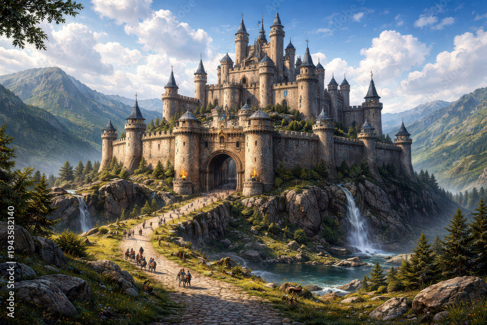 Obraz premium A majestic castle surrounded by mountains and a river, with a pathway leading to it.