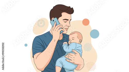 Busy father holds his sleeping infant while talking on a smartphone, balancing work and childcare in a modern lifestyle.