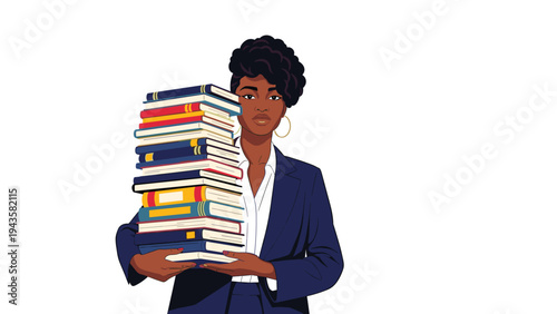 Serious African American woman in a blue blazer carrying a very large and heavy stack of various colorful books in her arms.