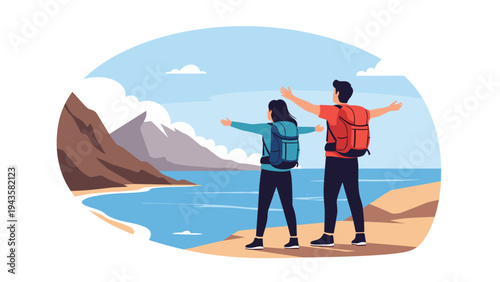 Adventurous couple with backpacks standing on a cliff with their arms open wide enjoying a beautiful view of mountains and the sea.