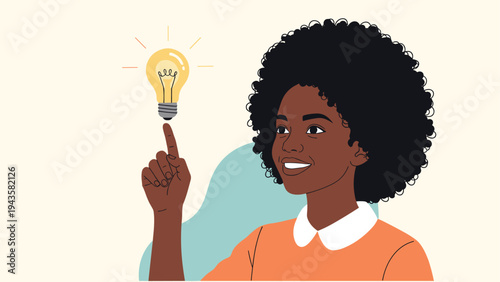 Smiling young African American girl with a large afro pointing at a glowing lightbulb floating above her finger to represent an idea.