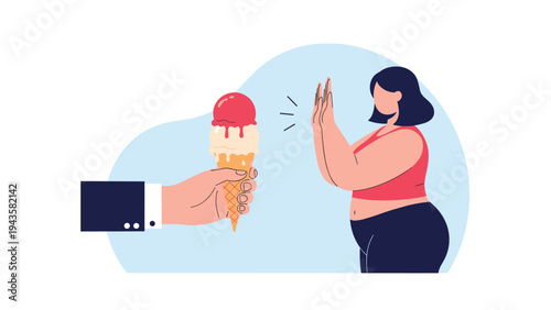 Plus-size woman in workout clothes making a stop gesture to refuse a strawberry and vanilla ice cream cone offered to her.
