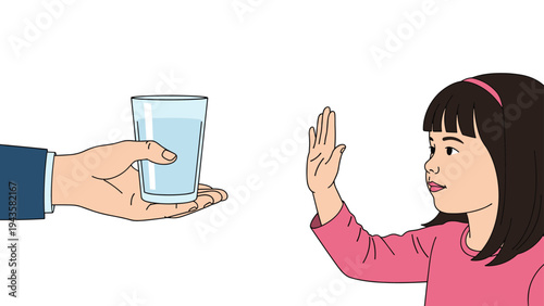 Young girl in a pink shirt making a stop gesture with her hand while refusing a glass of water offered by an adult hand.