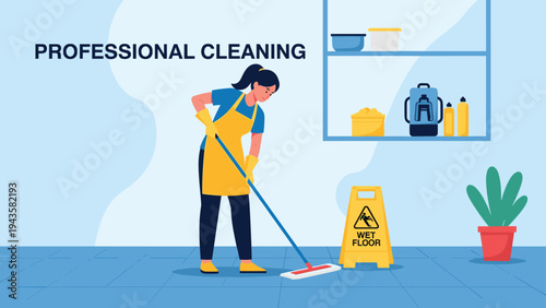 Professional cleaning lady in a yellow apron mopping the blue floor next to a wet floor warning sign in an organized room.