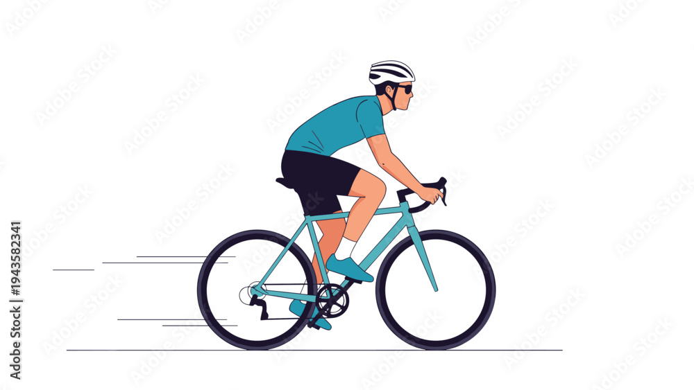 Naklejka premium Male cyclist wearing a helmet and sunglasses riding a fast road bike on a flat surface with motion blur lines for speed effect.