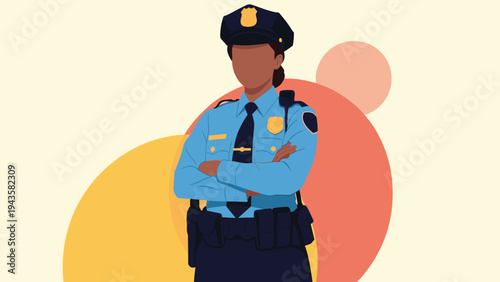 Confident female police officer in uniform standing with her arms crossed against a colorful abstract background representing security.