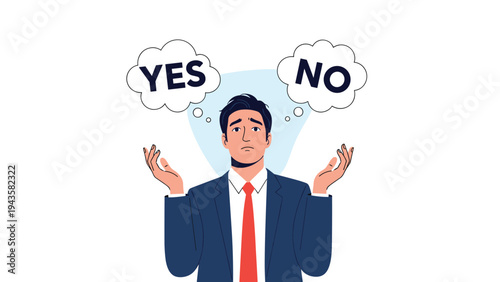Businessman in a suit expressing confusion while facing a difficult decision between yes and no options presented in thought bubbles.