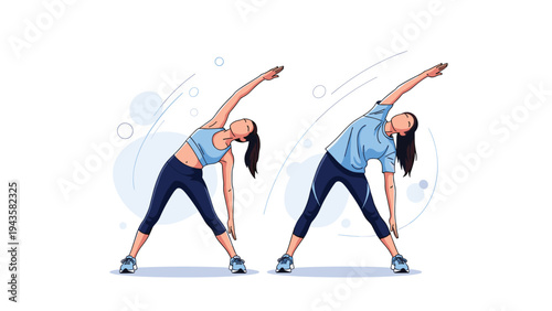 Two athletic women in sportswear performing side stretch exercises during a fitness session to improve flexibility and body health.